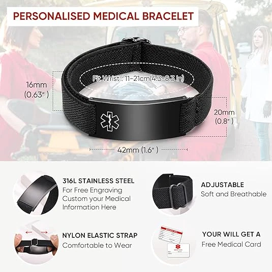 Pulsera de Alerta Médica Personalizada para Hombre Pulseras de Correa Elástica Personalizadas Foto 2 de 4