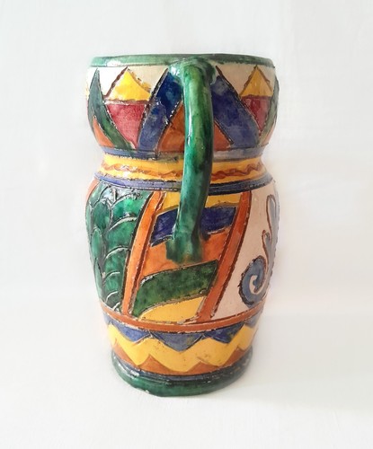 Italian Art Pottery Ceramic Vase with Handles, Colourful Sgraffito Design - Picture 2 of 6