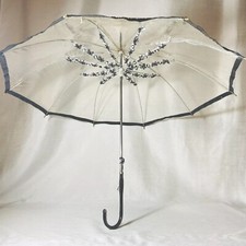 Vintage 60s Umbrella Clear Vinyl Black Trim Flowers 34 in Made in Hong Kong Prop