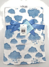 Cutie Pie Baby Boa Blanket Security Lovey Soft White Blue Clouds Rain 30 x 36 in