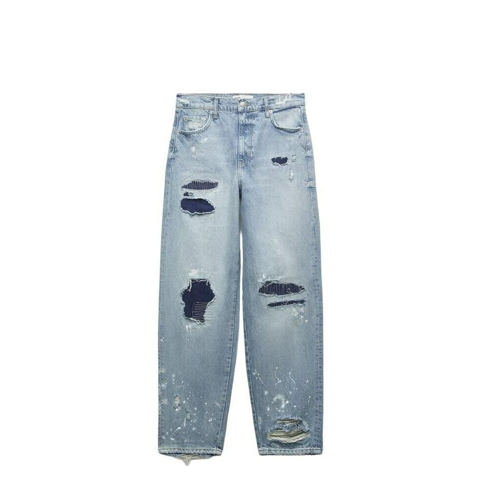 ZARA ZW LOOSE MID-RISE PAINT SPLATTER JEANS LIGHT BLUE SIZE ZARA ZW LOOSE MID-RISE PAINT SPLATTER JEANS LIGHT BLUE SIZE