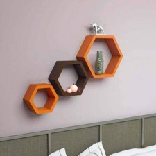 Hexagon wall shelf, set of 3 hexagon wall shelving Orange Brown