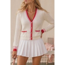 Loft Women Ribbed V-Neck Cardigan Sweater Small White Red Pink Trim Preppy