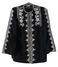 Tesoros Blazer Womens Size Medium Black White Embroidered Vintage READ