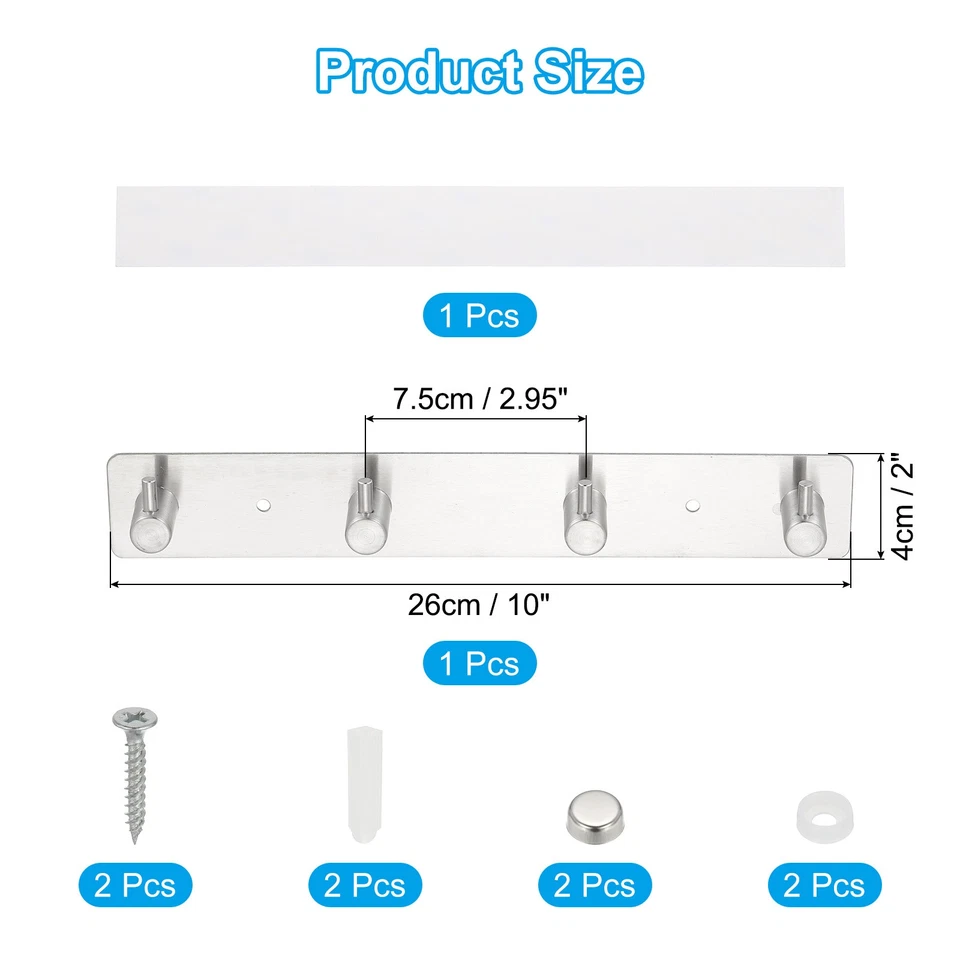 10" 304 Stainless Steel Coat Rack Wall Mount with 4 Hanging Hooks, Silver - Image 2 of 4