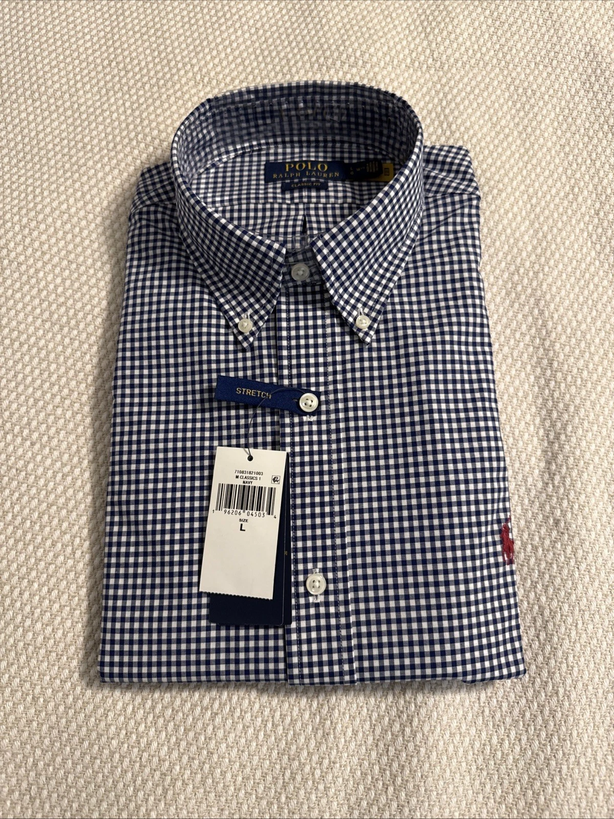 Polo Ralph Lauren Large Classic Fit Navy Blue Check Stretch Long Sleeve Shirt