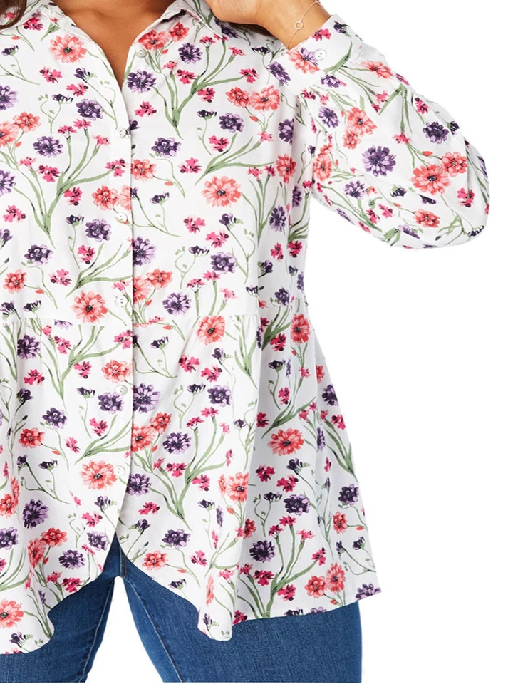 Blusa Mujer Dentro Talla 26 28 2X Floral 100% Rayón Abotonada Cuello Peplum Foto 2 de 4