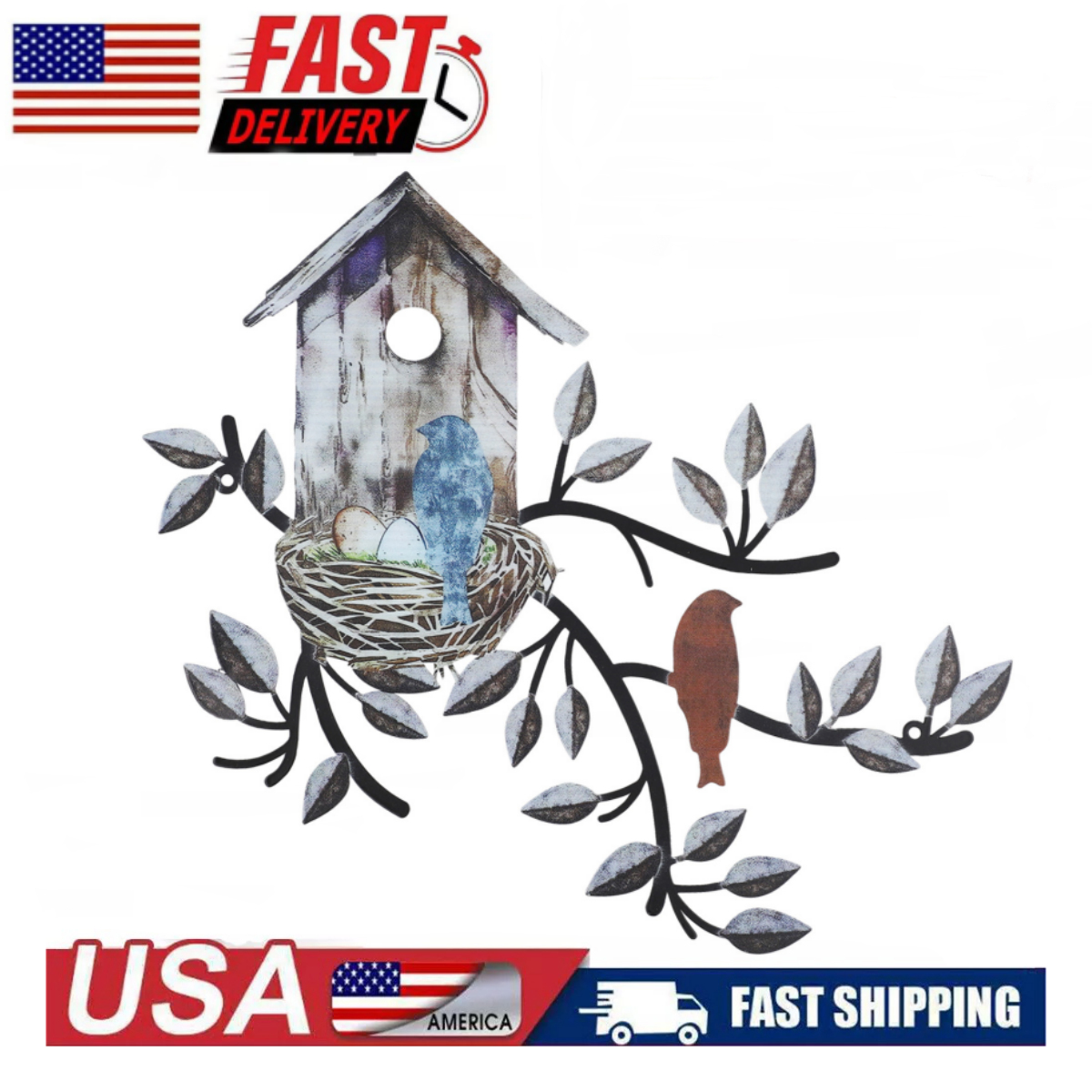 Rustic Metal Tree With Bird House Art Hanging Wall Outdoor