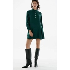 CLEARANCE Zara Dark Green Long Sleeve Dress Size S Mock Neck Buttons Drop Hem