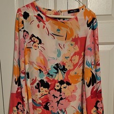 Nine West Women's M Regular Multicolor Floral Round Neck Long Sleeve Blouse