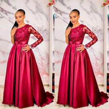 Red Satin Prom Dress with Bow Lace Appliques Long Formal Evening Party Gown