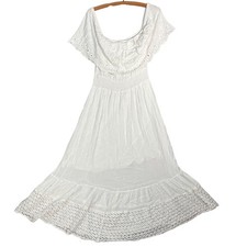 Naoo Peasant Maxi Dress Size M White Eyelet Off Shoulder Smocked Waist Boho
