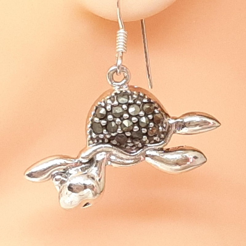 Vintage .30ctw Marcasite 925 Sterling Silver Turtle Dangle Earrings 4.7g