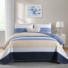 Boho Quilt Set Size, Dorm Fall Striped Bedspread Lightweight Queen Blue