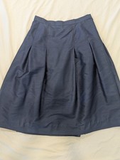VTG 100 Silk Navy Blue Midi Skirt Sz 12 High Waist Pleated Flare Shiny Crepe