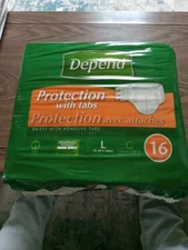 Depend Briefs With Adhesive Tabs,  Large, 16 Pack, New