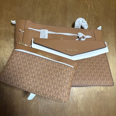 Michael Kors Maisie 3 in 1 Tote Pouch and Clutch Luggage Brown Pebbled Leather