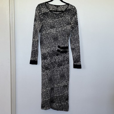 Marco Polo Knit Dress Size M Black White Belted Midi Stretch
