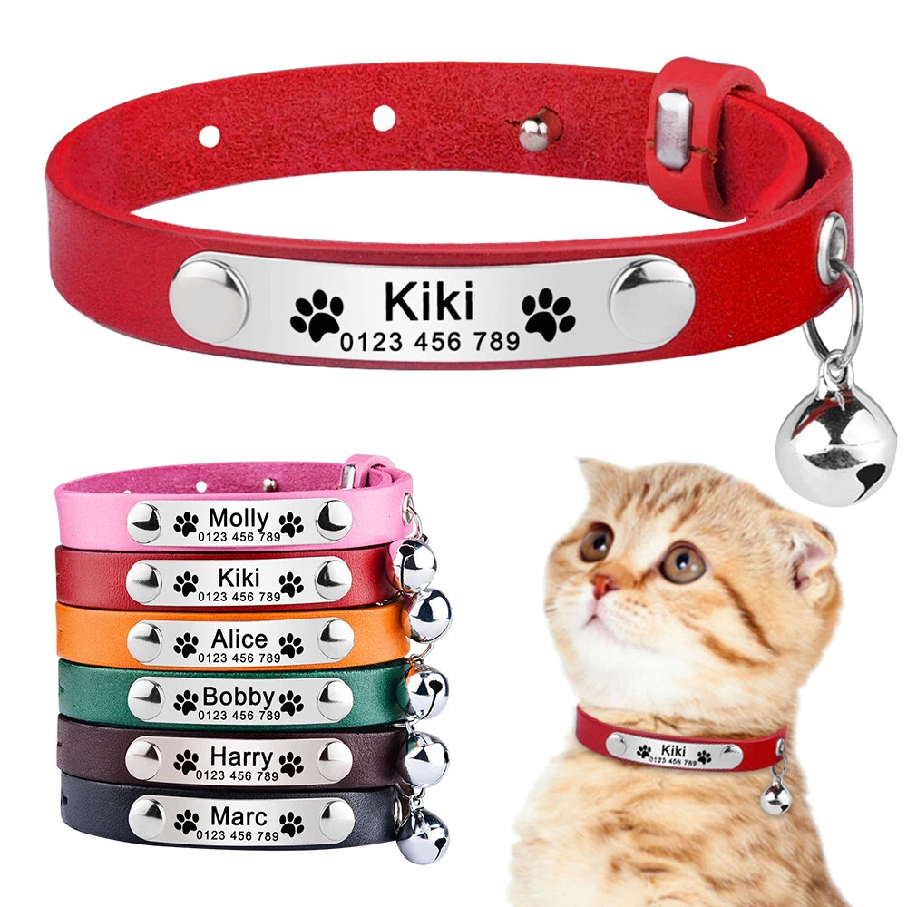 Small Personalised Cat Collar with Bell Engraved Name Tag Kitten Safety  Release