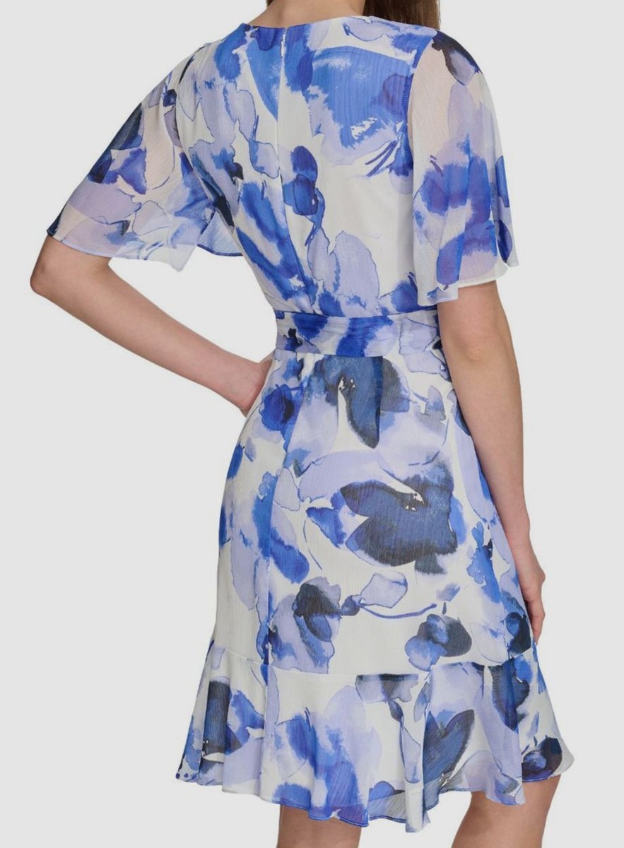 dkny women's chiffon flutter-sleeve tie-waist dress DKNY Women's Dresses MIDI,Navy/Coral, 12 at Amazon Women's Clothing store