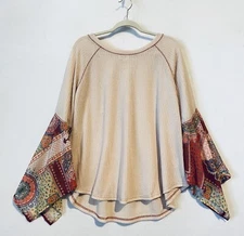 Umgee Top Womens Medium Ivory Waffle Knit Patchwork Floral Paisley Bell Sleeve