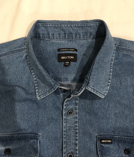 BRIXTON Men’s 2XL Standard Fit Bowery Worn Indigo Denim Flannel Workwear Shirt - Picture 3 of 7