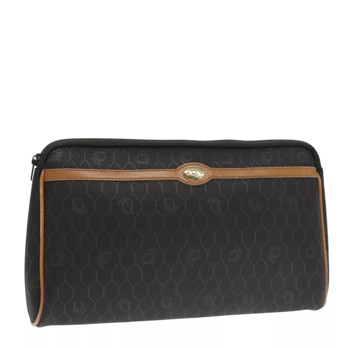 Christian Dior sac pochette toile nid d'abeille PVC noir marron or authentique 102545