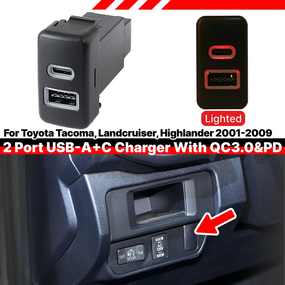Interruptor de enchufe cargador de alimentación USB premium tipo A/C de doble puerto 36 W para Toyota Tacoma Foto 3 de 4