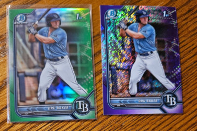Dru Baker 1st -2022 Bowman Chrome Green Shimmer #/99 +Purple Shimmer #/250