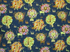 LIONS MOD LION FACES GRASS FLOWERS DIGITAL PRINTING NAVY COTTON FABRIC FQ