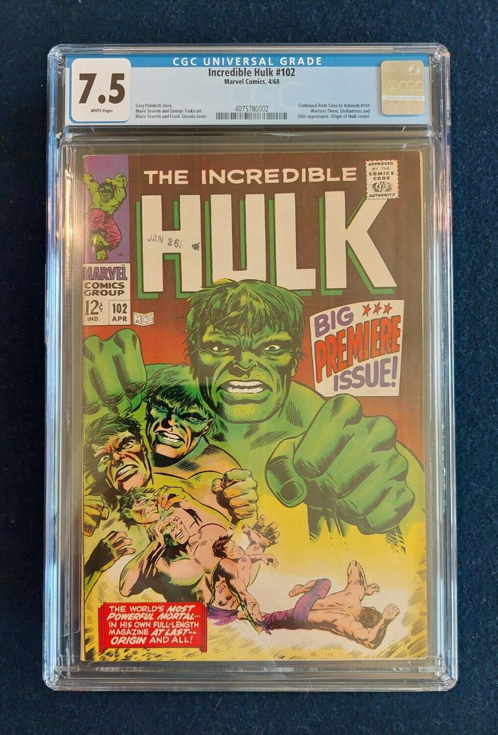 Icredible Hulk #102 CGC 7.5 WHITE Pages 1968