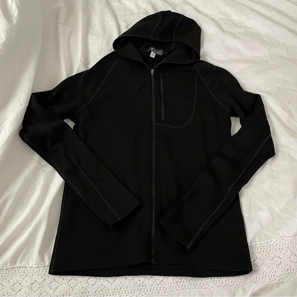 IBEX Small 100% Merino Wool Full Zip Hooded Jacket Black Zip 