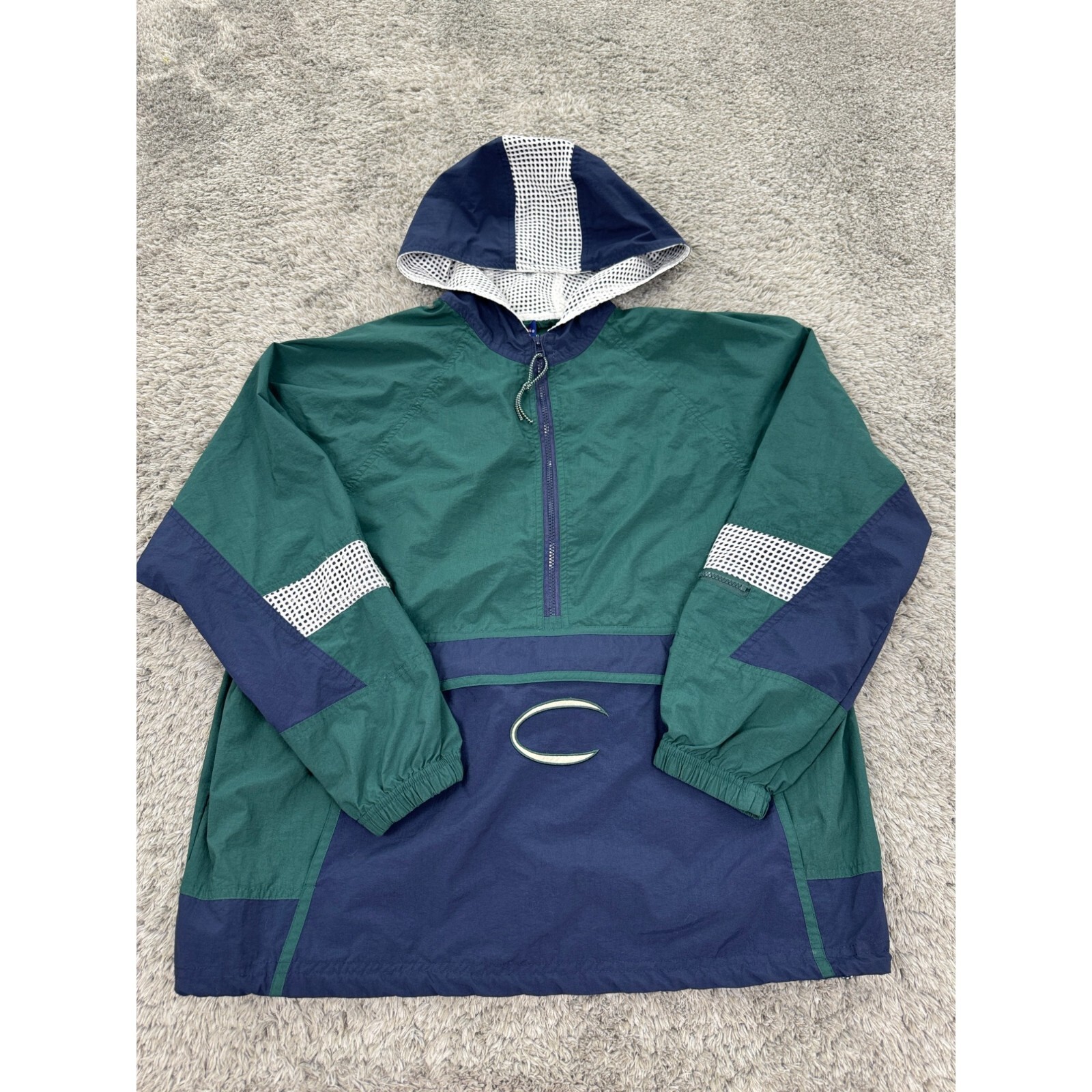 Vtg Catalina Jacket Mens Medium Green Colorblock 1/2 Zip Hooded