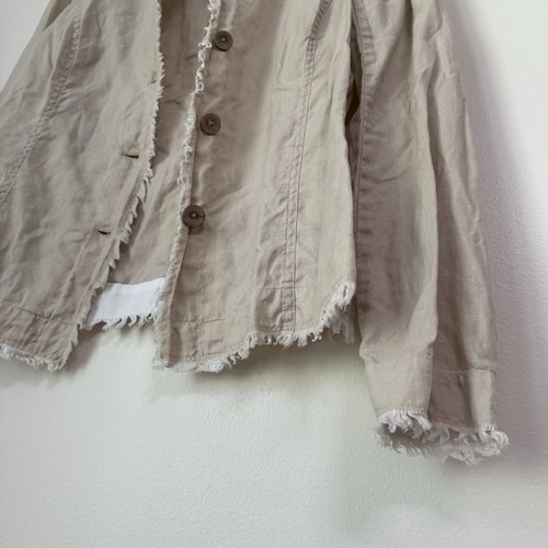 Saks Fifth Avenue Threads Beige Linen Jacket Mandarin Collar Fringed Edges Sz M - Picture 4 of 8