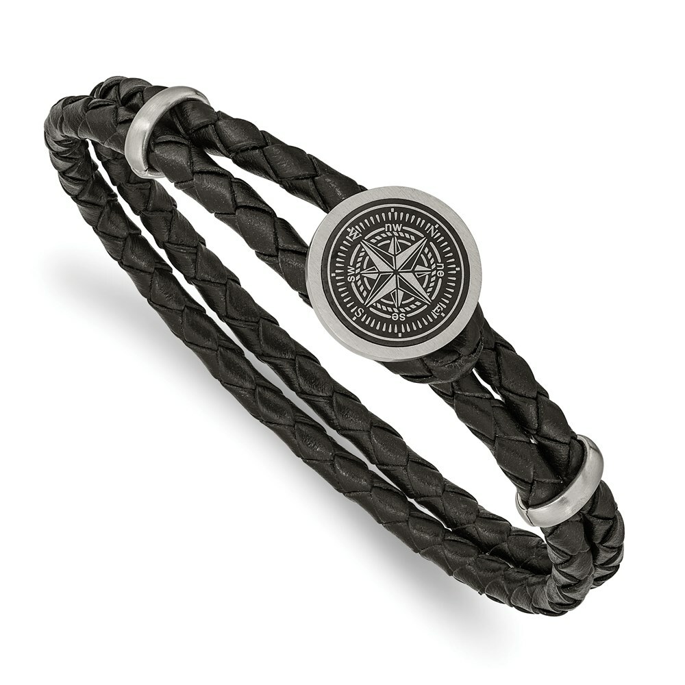 @L Stainless Steel Brushed Lasered Compass Black Leather 8.5in