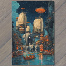 FLATCARD Floating Towers Futuristic City Elephants Boats Sci-Fi Fantasy