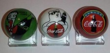 Set of 3 Coke Polar Bear 1" Glass Logo Marbles w/ Stands