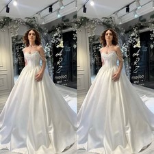 Gorgeous Wedding Dresses Off The Shoulder Satin Beaded Sweep Train Bridal Gowns
