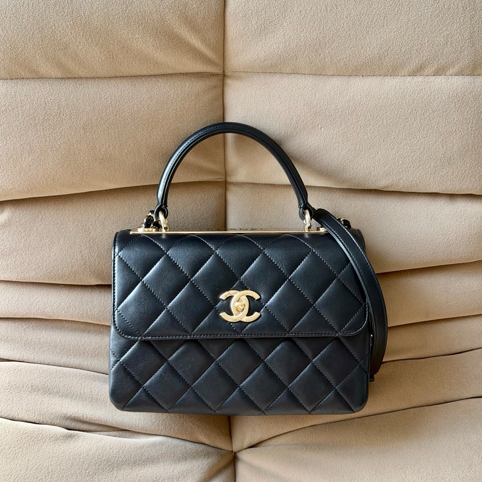 Chanel Small CC Trendy Top Handle Flap Bag Black Quilted Leather Gold Hardware