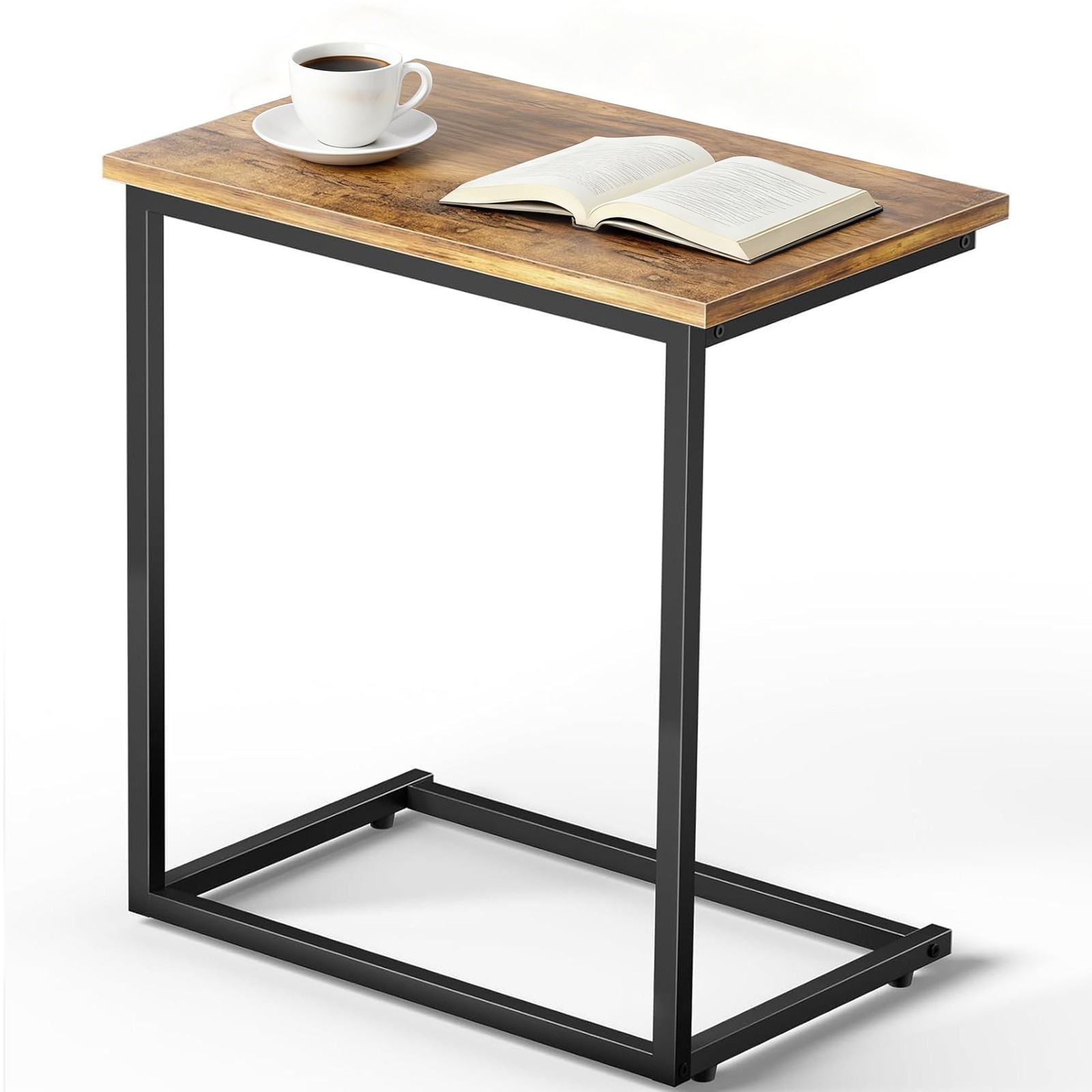 C Shaped Side Table, Metal Square Table with Heavy-Duty Frame, Adjustable Feet