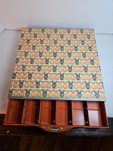 Vtg DORMAN PRODUCTS METAL TIN BOX BRAKE SPRING HARDWARE CABINET, Retro Owls, WOW