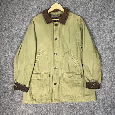 Vintage Lands End Barn Coat Men XL Green Button Up Corduroy Collar Flannel Lined