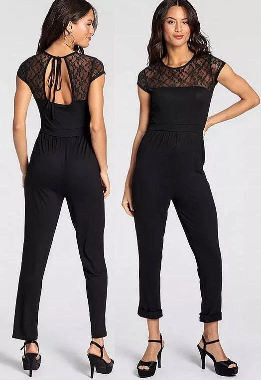NEU JUMPSUIT OVERALL STRETCHJERSEY mit SPITZE 34 36 38 MELROSE schwarz *81508350 - Bild 3 von 4