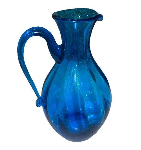 Vintage MCM Blenko Glass 645 Optic Pitcher In Turquoise 10.25” Stunning
