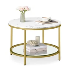 Round Coffee Table, 2-Tier Small Coffee Table with Faux Marble Top and Glass ...