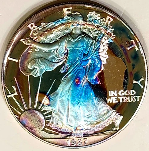 1987-S GEM Proof  Silver Eagle Deep Cameo  Rainbow Color Toned Monster