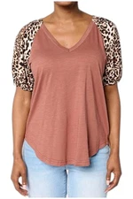 DG2 by Diane Gilman Women's Mixed Media Puff Sleeve V-neck Top Cocoa