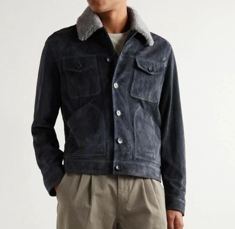 Mens Blue Pure Suede Leather Trucker Jacket Custom Made Size S M L XL 2XL 3XL
