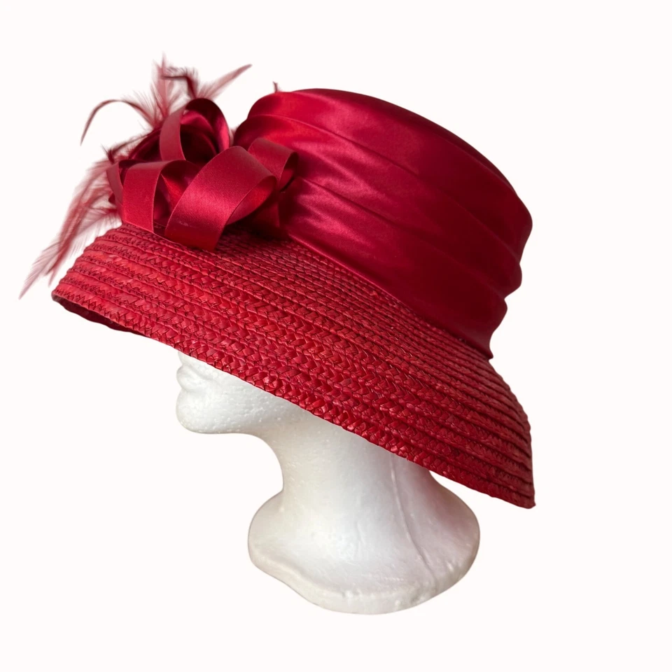 Sombrero de paja rojo ala ancha de colección elegante iglesia dominical moda cinta satinada plumas Foto 4 de 4