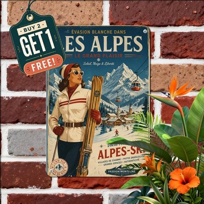 Ski Themed Les Alpes Mountain Resort Vintage Travel Poster Metal Tin Sign